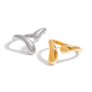 Minimalist teardrop open rings in polished gold and silver finishes on white background