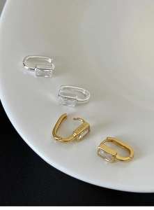 S925 sterling silver geometric U-shaped hoop earrings with rectangular zircon stones