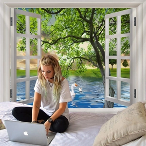 3D window view wall tapestry with lake landscape and swan scene for room decoration