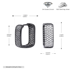 Detailed view of black square zircon earrings in S925 sterling silver with dimensions
