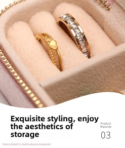 Detail of pink velvet jewelry box showing rings and smooth gold zipper closure