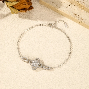 Elegant S925 sterling silver floral bracelet with sparkling zircon stones and leaf accents