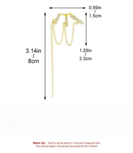 Detail view of gold alloy tassel ear cuff with precise length and width measurements