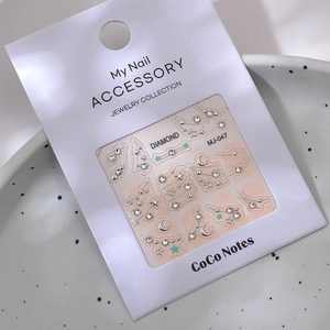 3D French silver nail stickers with crystal rhinestones, stars and moon patterns