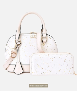 White shell-shaped handbag and long wallet set with colorful star pattern and gold zipper