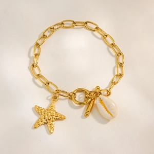 Golden ocean series thick chain bracelet with starfish and shell charms on white background