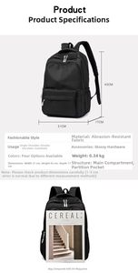 Detailed size specifications and A4 magazine comparison of the black travel backpack
