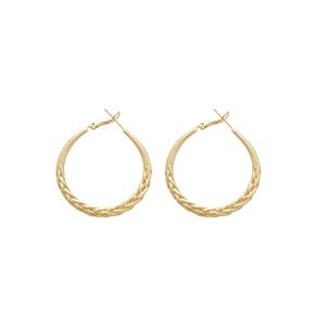 Golden twisted texture hoop earrings with metallic glossy finish on white background