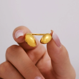 Golden teardrop double-bean open ring in 18K PVD plated stainless steel for women