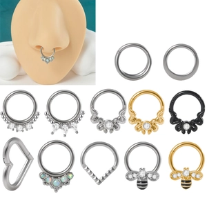 Stainless Steel Septum Ring Bee Snake Heart Shape Opal Zircon Inlaid Hinge Clicker Nose Jewelry For Men Women