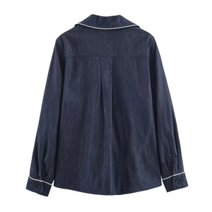 Navy blue denim-style shirt set with white piping trim and back pleat detail