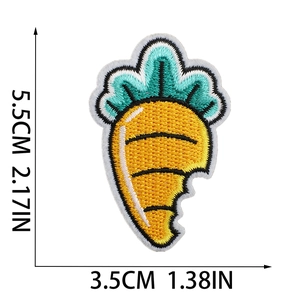 Detail of embroidered carrot patch showing 5.5x3.5cm dimensions on white background