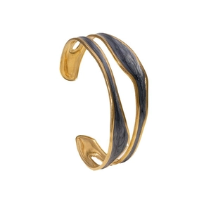 Minimalist gold-plated wavy double-layer open cuff bracelet with grey enamel inlay