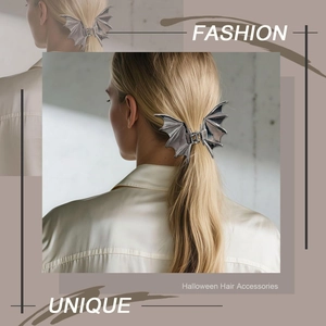 Silver metal bat wing hair claw clip styling details on a fashion model's ponytail