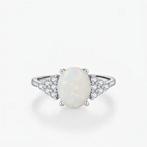 925 Sterling Silver Ring Oval White Opal White Zircon Elegant Simple Retro Style Women Jewelry Accessory