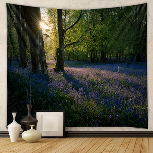 Detailed texture of forest landscape tapestry with morning sunlight and purple flowers