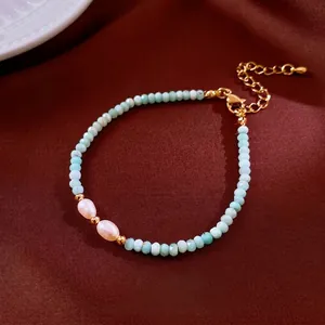 Amazonite bead bracelet with baroque pearls and gold-plated lobster clasp for women