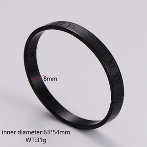 Detail view of 8mm wide black stainless steel bangle with engraved Roman numerals
