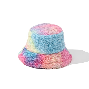 Tie-dye lamb wool bucket hat for women featuring soft plush fabric and colorful design