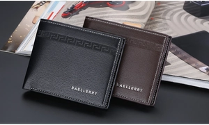Detail shot of men's short leather wallet showing black and coffee embossed textures