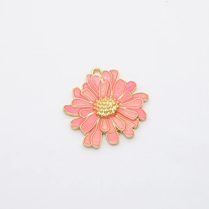Pink daisy flower pendant with gold edges and enamel finish for DIY jewelry making