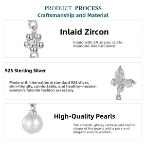 Detail of S925 sterling silver, 3A cubic zirconia stones and high quality shell pearls