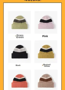 Detailed grid view showing thick wool knit beanies in various striped color combinations