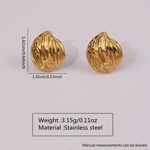 Detailed view of irregular gold stainless steel stud earrings with size and weight specs