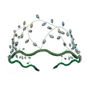 Exquisite handmade bridal tiara with green and grey-blue crystal beads on wavy wire