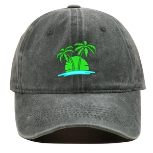 Close-up of vibrant tropical coconut tree and sun embroidery on washed grey denim cap