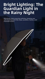 Detail view of large reverse umbrella with LED light strip and built-in handle flashlight