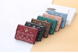 Detailed view of quilted faux leather card holders in various vibrant candy colors