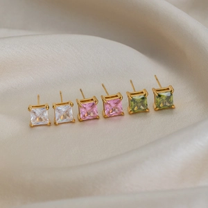 Minimalist square zircon stud earrings set in 18K gold plated steel, 3-color pack