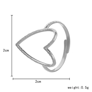 Minimalist silver stainless steel open heart ring with dimensions 2cm x 2cm and 0.5g weight