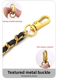 Close-up of golden metal texture buckle with 360-degree rotation and spring press opening