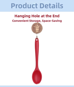 Close-up of red silicone cooking spoon with a convenient hanging hole for storage