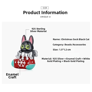 Detailed view of 925 silver black cat in Christmas stocking charm with enamel finish
