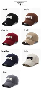 Detailed grid of baseball caps featuring 3D letter embroidery in seven versatile colors