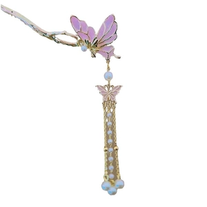 Classic Chinese style golden butterfly hair pin with pink enamel and pearl tassels