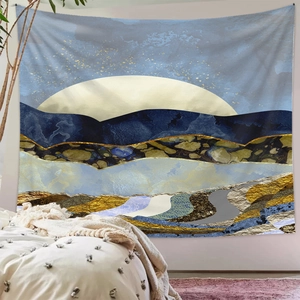 Detailed view of an abstract mountain tapestry with golden marble textures for wall decor