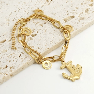 Double-layer 18k gold plated anchor pendant bracelet in stainless steel for women
