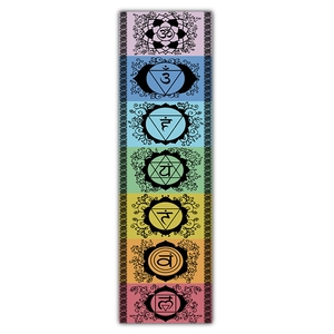 Detailed view of long vertical tapestry featuring colorful seven chakras symbols and patterns