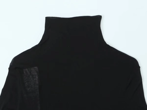 Detail of high turtleneck and shoulder seam on thin black cotton long-sleeve tee
