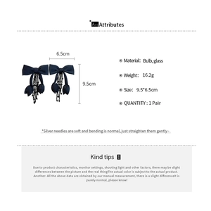 Detailed size and material guide for dark blue fabric bow earrings with crystal tassels