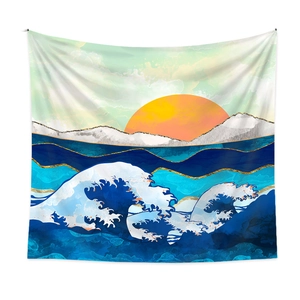 Detail of tapestry with Great Wave and mountain design in indigo and orange fabric