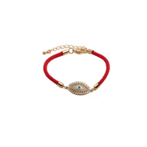 Adjustable red rope bracelet with gold-plated evil eye charm and sparkling crystals