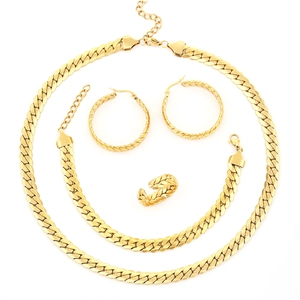 Golden titanium steel jewelry set featuring a Cuban link necklace, bracelet, earrings and ring