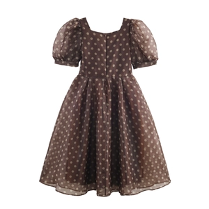 Women's brown polka dot organza midi dress with elegant puff sleeves and square neckline