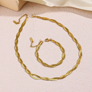 18K gold plated titanium steel necklace and bracelet set with flat snake chain design