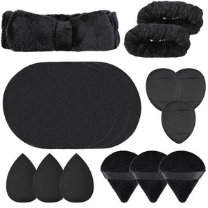 15pcs black microfiber headband wristbands and makeup sponge set for skincare routine